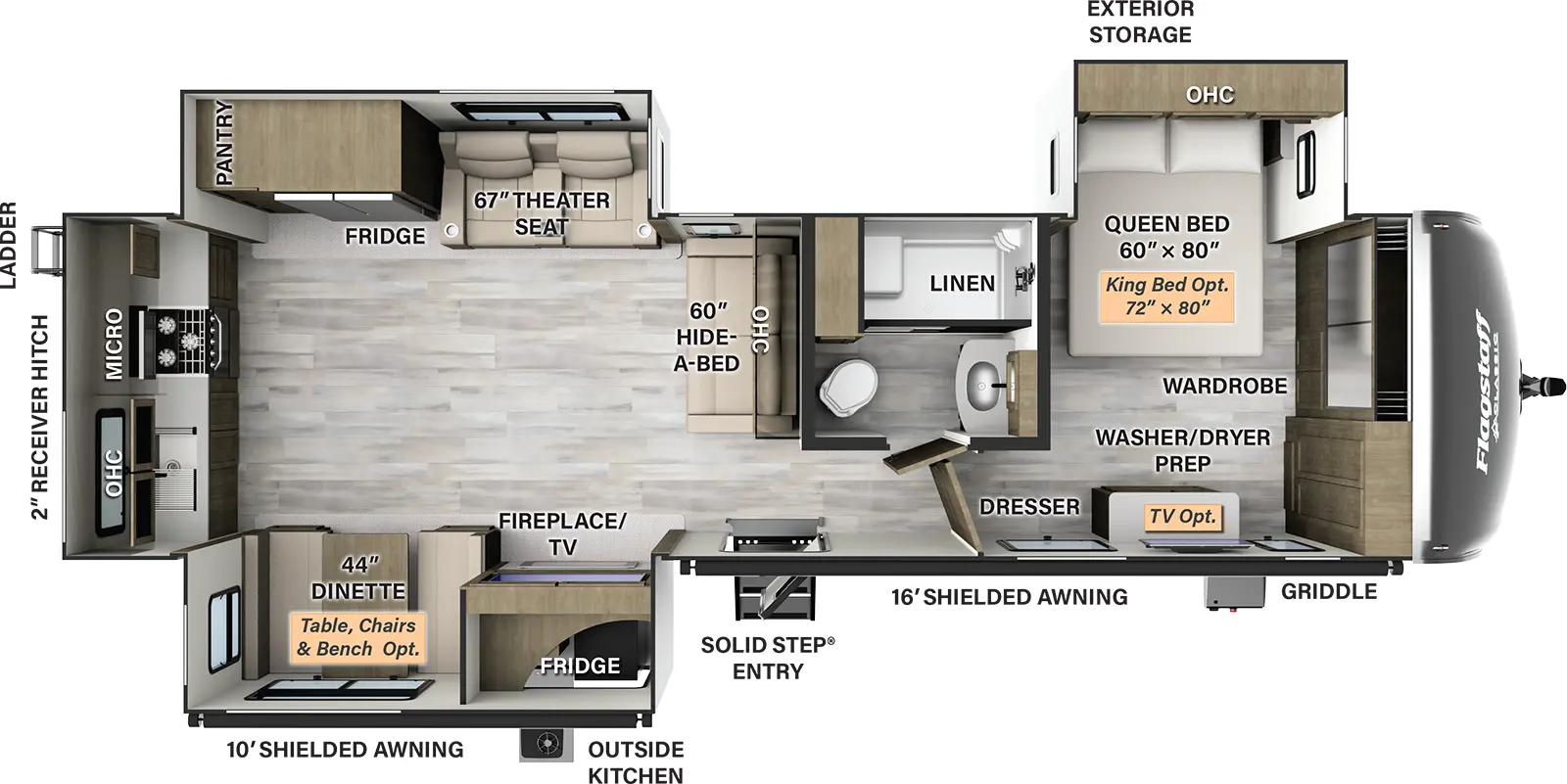 The 832RKSB has three slide outs and one entry. Exterior features a 10 foot shielded awning and 16 foot shielded awning, solid step entry; outside kitchen with refrigerator, exterior storage, griddle, rear ladder, and 2 inch receiver hitch. Interior layout front to back: front wardrobe with washer/dryer prep, off-door side queen bed slide out with overhead cabinets (king bed optional), and door side dresser (TV optional); side aisle full bathroom with linen closet; hide a bed sofa and overhead cabinets along inner wall; off-door side slide out with theater seating, refrigerator, and pantry; door side slide out with TV and fireplace, and dinette (table, chairs & bench optional); rear kitchen with stove, sink, overhead cabinets, cooktop and microwave.